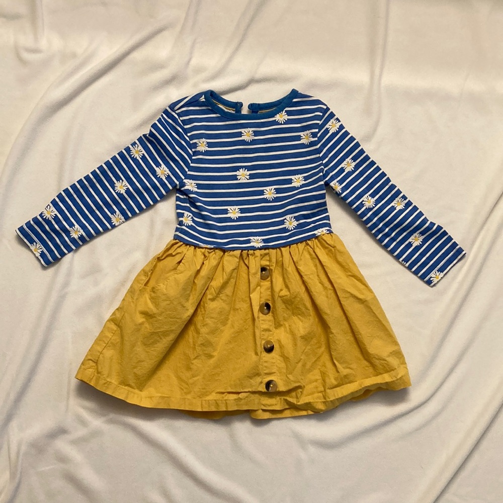 Mini Boden girls dress blue stripes with daisies, yellow skirt - size 4-5Y